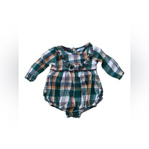 RuffleButts Size 6-12 Months Green, Gold and White Plaid Ruffle Bubble Romper
